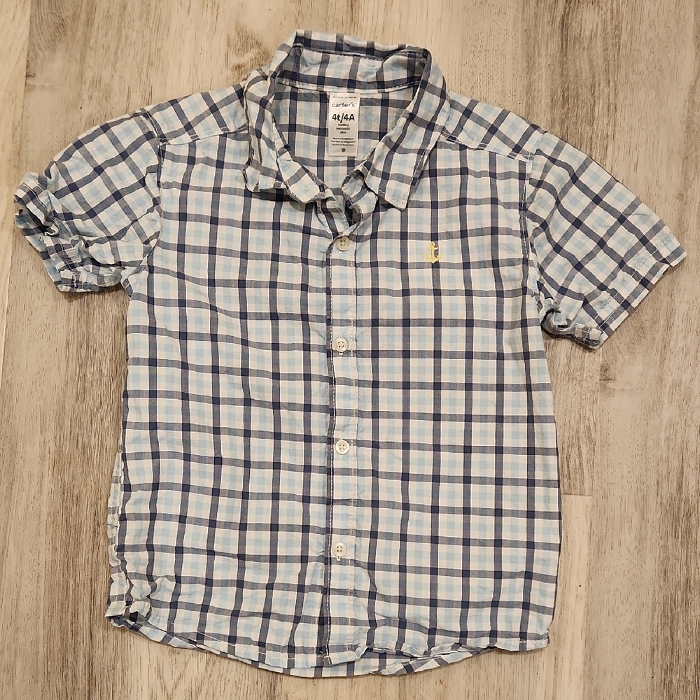Carter's Blue and White Casual Button Down Short Sleeve Shirt Size 4T